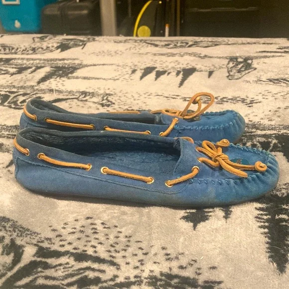 Coach Blue Suede Moccasin Slippers with Tan Laces - Picture 6 of 8